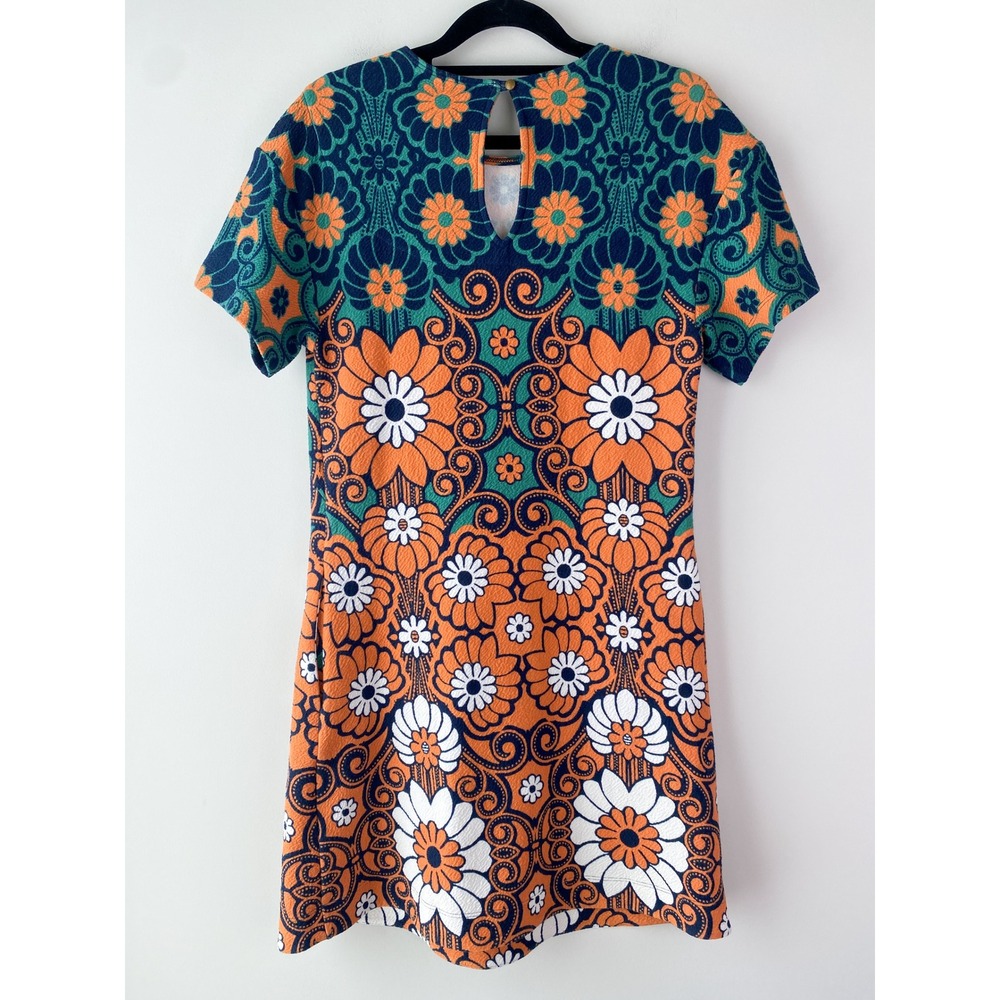 Maeve Anthropologie Floral Shift Mini Dress XS Teal Orange Hippie 70s Retro Mod - Picture 9 of 14